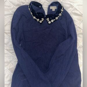 Maison Jules Midnight Blue Sweater with Crystal Embellishments
